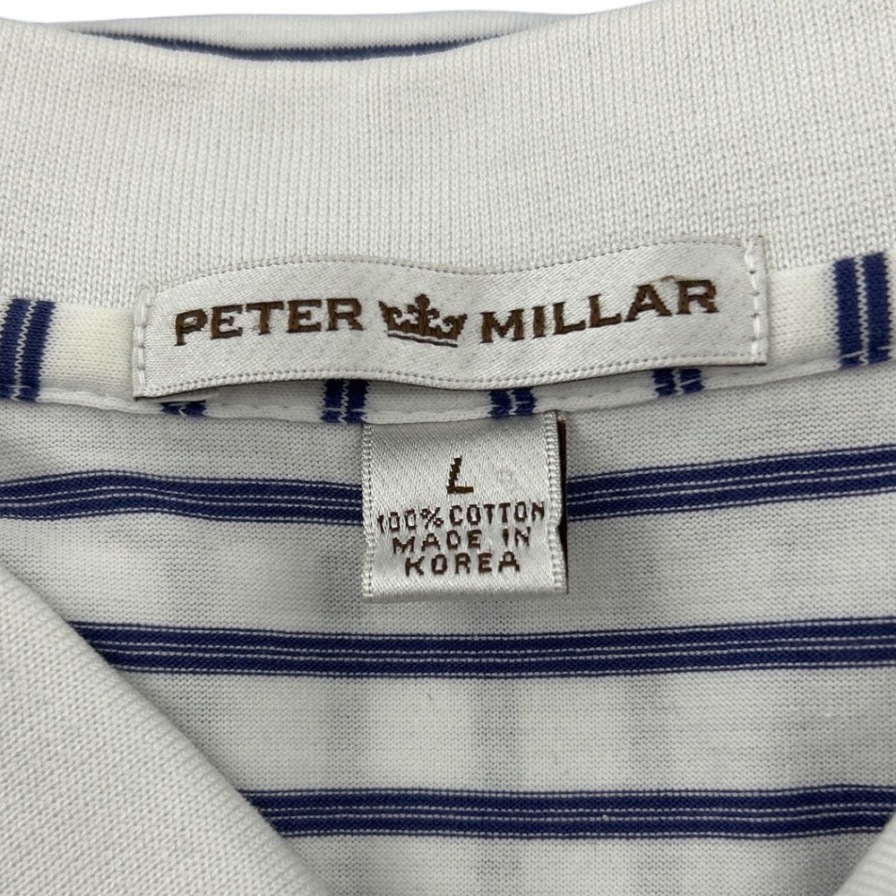 Peter Millar Mens Large White Navy Blue Striped Cotton Golf Polo Shirt Short Slv - Picture 8 of 8
